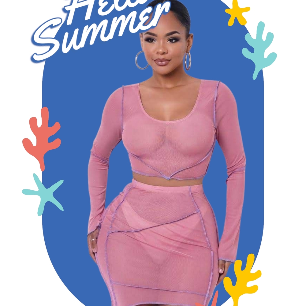 Pink Long Sleeve Crop Top and Skirt Set